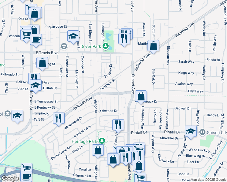 map of restaurants, bars, coffee shops, grocery stores, and more near 1129 Strawberry Lane in Suisun City