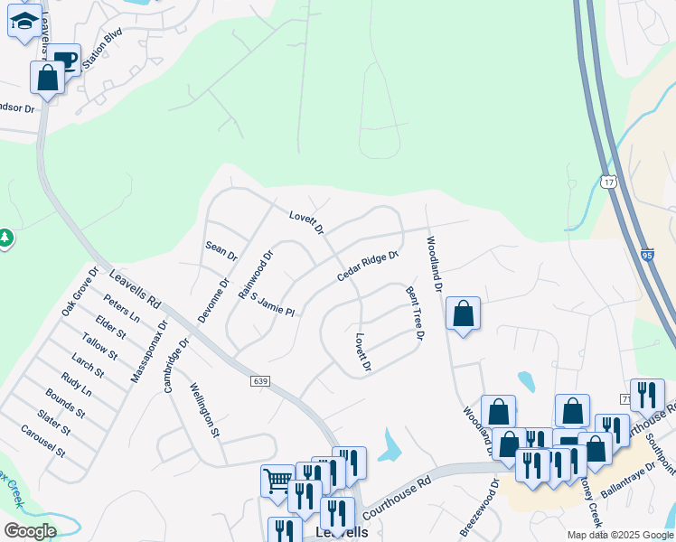 map of restaurants, bars, coffee shops, grocery stores, and more near 10708 Lovett Drive in Fredericksburg