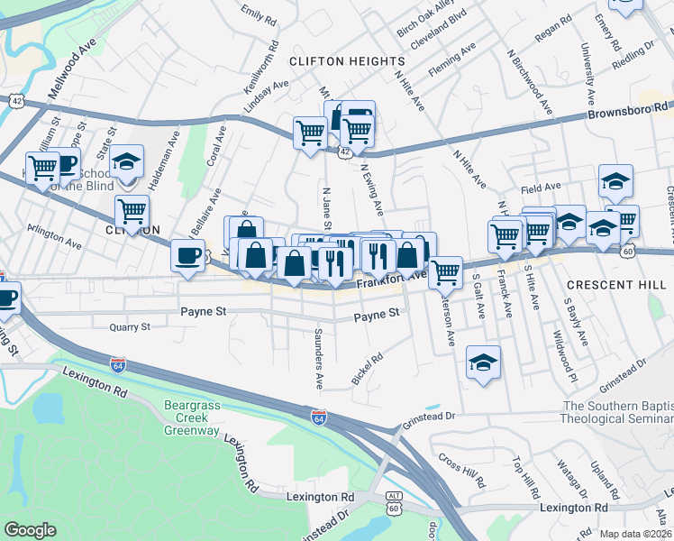 map of restaurants, bars, coffee shops, grocery stores, and more near 117 North Jane Street in Louisville