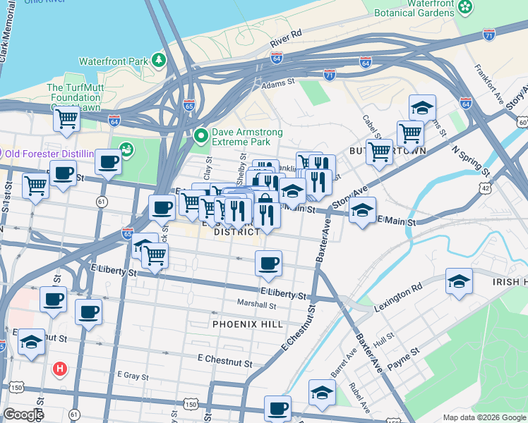 map of restaurants, bars, coffee shops, grocery stores, and more near 114-100 North Campbell Street in Louisville