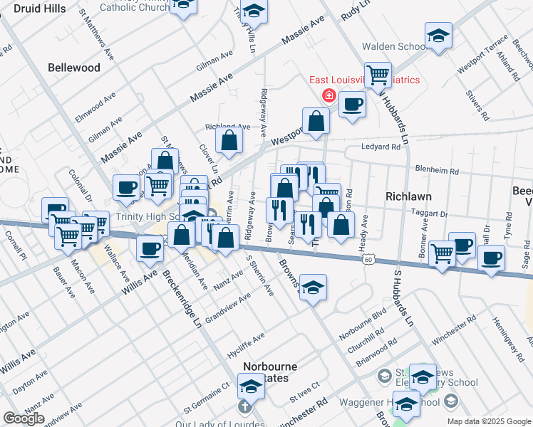 map of restaurants, bars, coffee shops, grocery stores, and more near 136 Brown Avenue in Louisville