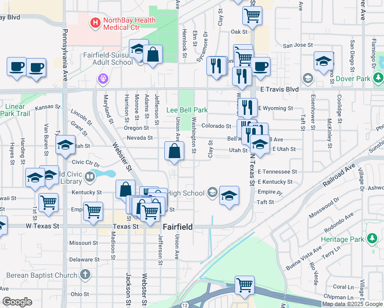 map of restaurants, bars, coffee shops, grocery stores, and more near 1130 Union Avenue in Fairfield