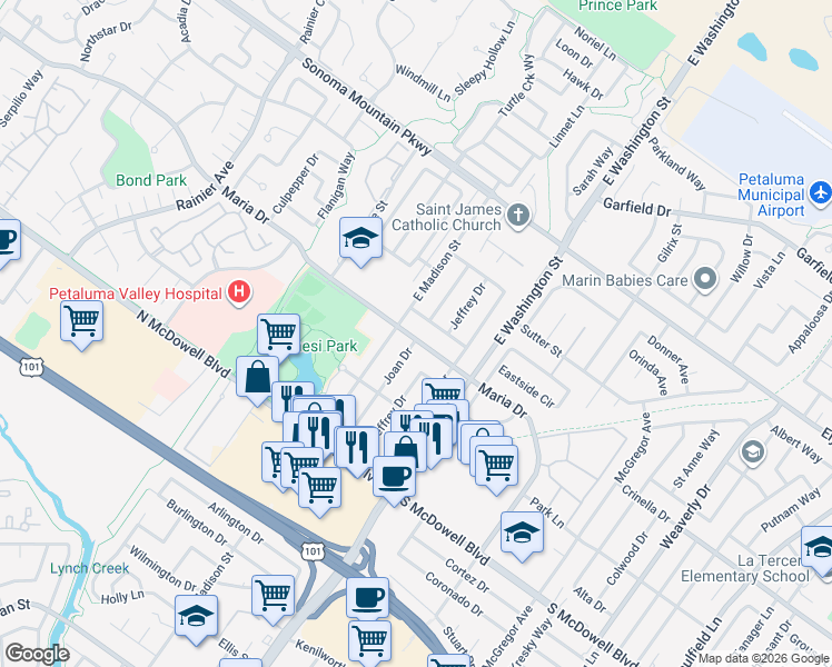 map of restaurants, bars, coffee shops, grocery stores, and more near 145 Penrod Drive in Petaluma