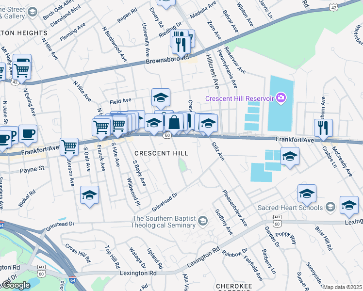 map of restaurants, bars, coffee shops, grocery stores, and more near 2870 Frankfort Avenue in Louisville