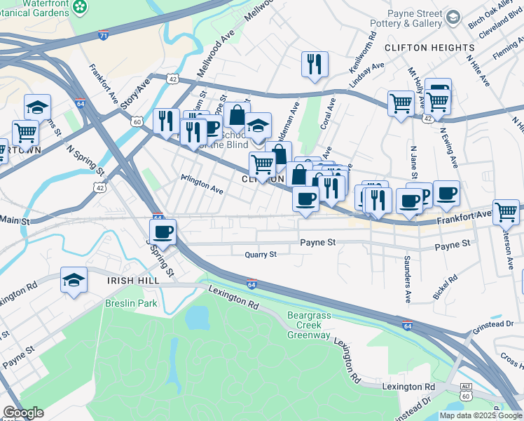 map of restaurants, bars, coffee shops, grocery stores, and more near 121 Haldeman Avenue in Louisville