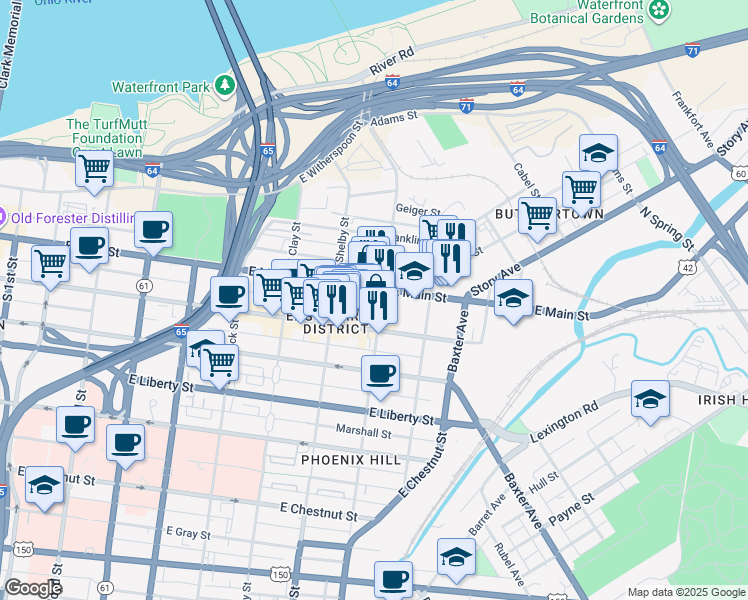 map of restaurants, bars, coffee shops, grocery stores, and more near 114-100 North Campbell Street in Louisville