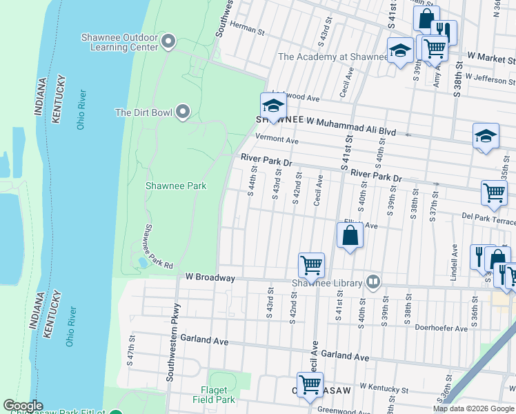 map of restaurants, bars, coffee shops, grocery stores, and more near 630 South 43rd Street in Louisville
