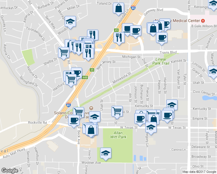 map of restaurants, bars, coffee shops, grocery stores, and more near 1807 Minnesota Street in Fairfield
