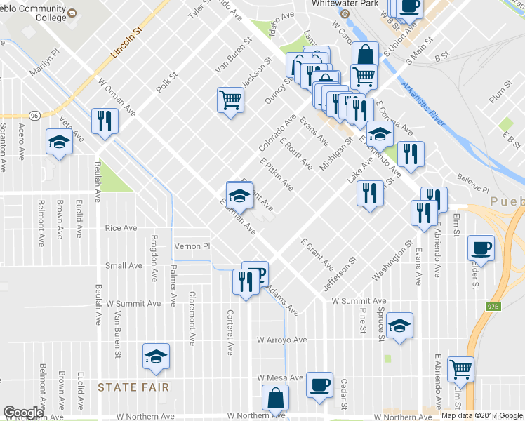 map of restaurants, bars, coffee shops, grocery stores, and more near 11 East Grant Avenue in Pueblo