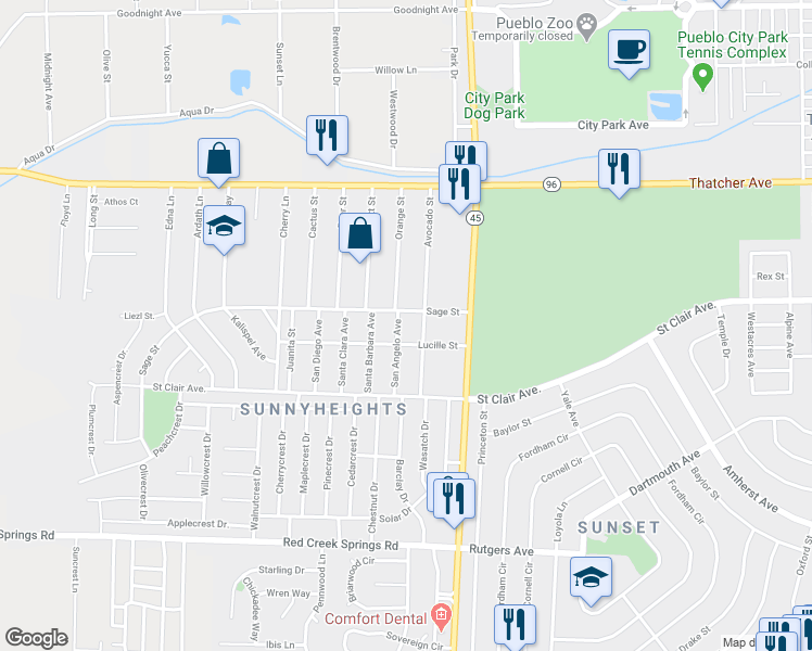 map of restaurants, bars, coffee shops, grocery stores, and more near 712 San Angelo Avenue in Pueblo