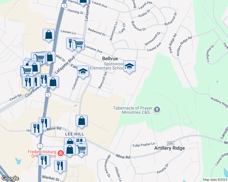 map of restaurants, bars, coffee shops, grocery stores, and more near 4611 Clay Court in Fredericksburg