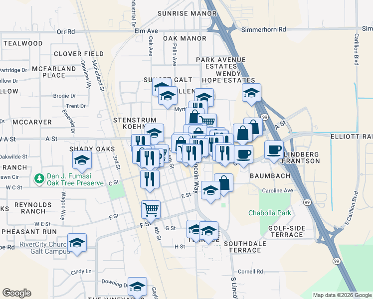 map of restaurants, bars, coffee shops, grocery stores, and more near 702 B Street in Galt
