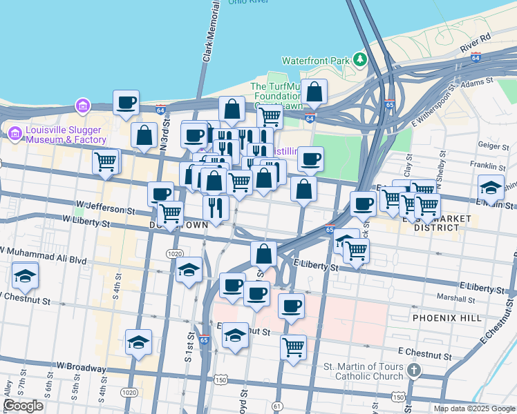 map of restaurants, bars, coffee shops, grocery stores, and more near 227E East Market Street in Louisville