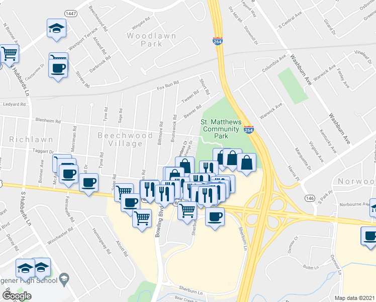 map of restaurants, bars, coffee shops, grocery stores, and more near 245 Stonehenge Drive in Saint Matthews