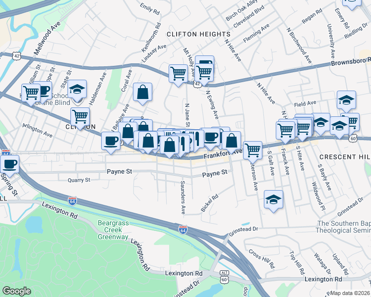 map of restaurants, bars, coffee shops, grocery stores, and more near 109 North Rastetter Avenue in Louisville