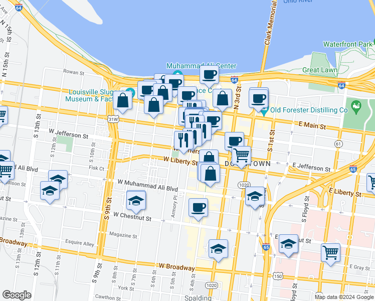 map of restaurants, bars, coffee shops, grocery stores, and more near 514 West Jefferson Street in Louisville