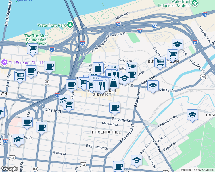 map of restaurants, bars, coffee shops, grocery stores, and more near 817 East Main Street in Louisville