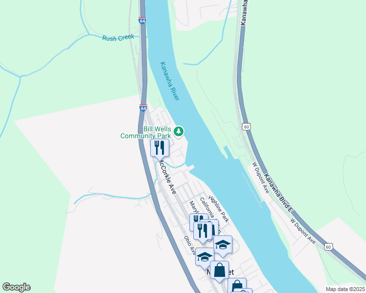map of restaurants, bars, coffee shops, grocery stores, and more near 201 83rd Street in Marmet
