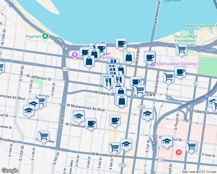 map of restaurants, bars, coffee shops, grocery stores, and more near 514 West Jefferson Street in Louisville