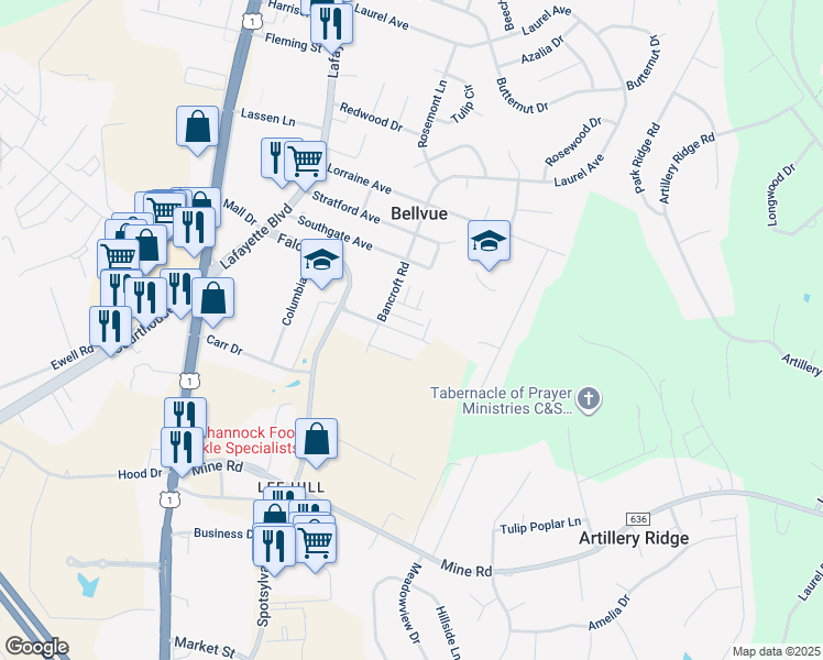 map of restaurants, bars, coffee shops, grocery stores, and more near 329 Clay St in Fredericksburg