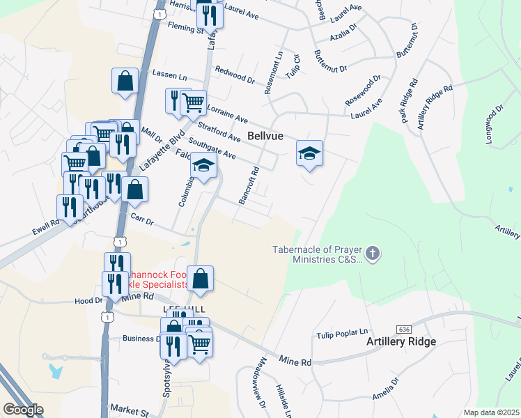 map of restaurants, bars, coffee shops, grocery stores, and more near 329 Clay St in Fredericksburg