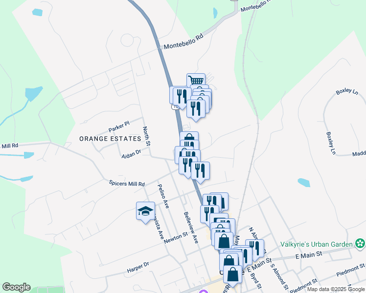 map of restaurants, bars, coffee shops, grocery stores, and more near 885 North Madison Road in Orange