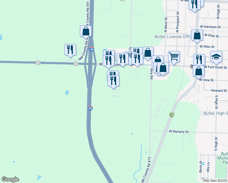 map of restaurants, bars, coffee shops, grocery stores, and more near 20 Fran Avenue in Butler