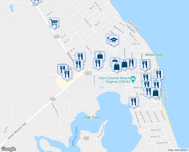 map of restaurants, bars, coffee shops, grocery stores, and more near 499 Monroe Street in Colonial Beach