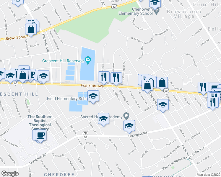 map of restaurants, bars, coffee shops, grocery stores, and more near in Louisville