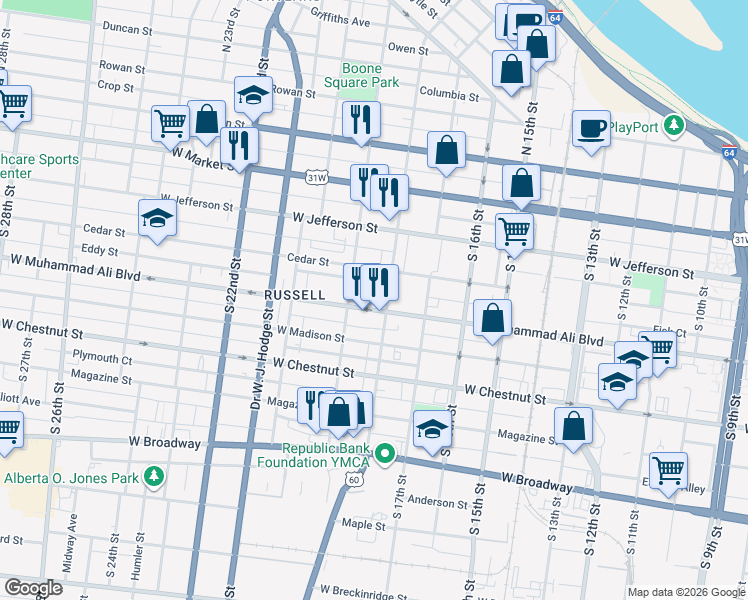 map of restaurants, bars, coffee shops, grocery stores, and more near 430 South 18th Street in Louisville