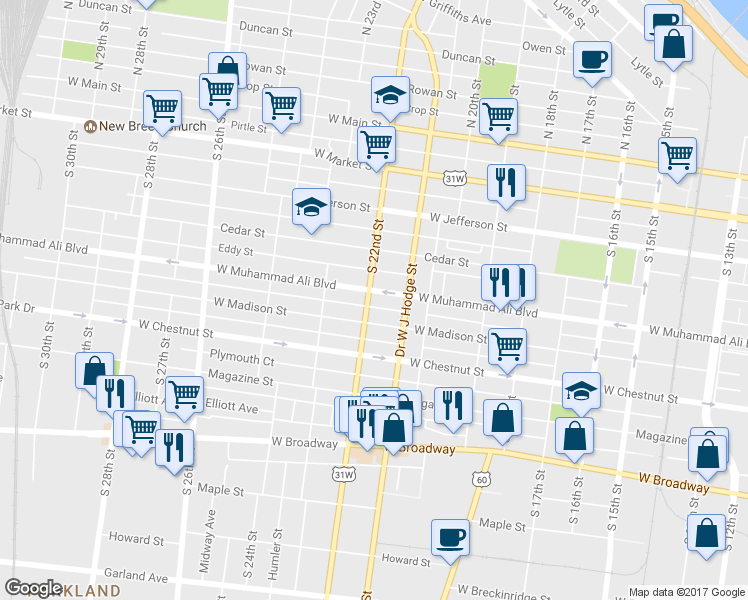 map of restaurants, bars, coffee shops, grocery stores, and more near 2117 West Muhammad Ali Boulevard in Louisville