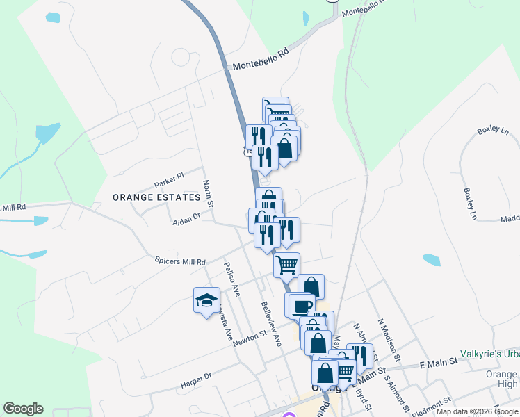 map of restaurants, bars, coffee shops, grocery stores, and more near 905 North Madison Road in Orange