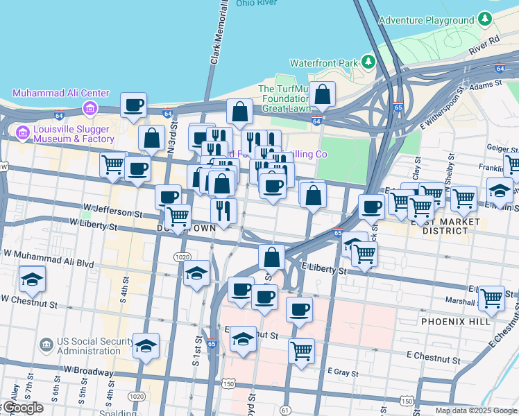 map of restaurants, bars, coffee shops, grocery stores, and more near 227E East Market Street in Louisville