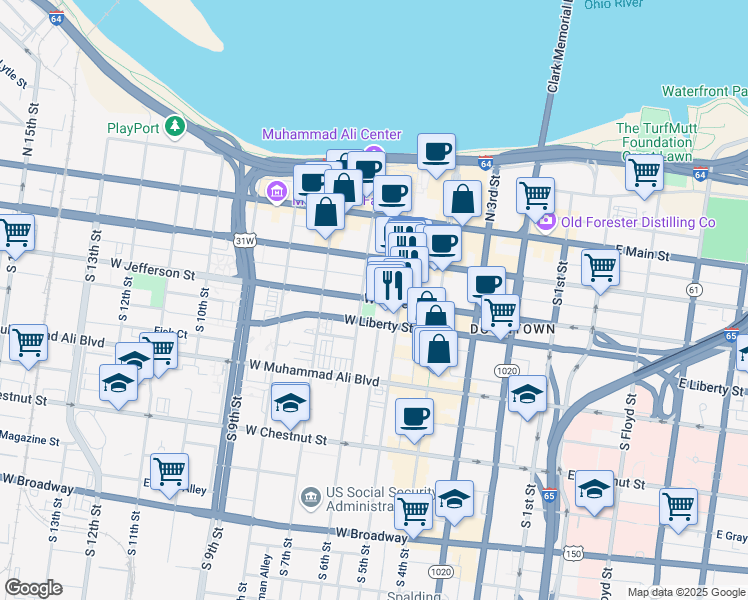 map of restaurants, bars, coffee shops, grocery stores, and more near West Jefferson Street in Louisville