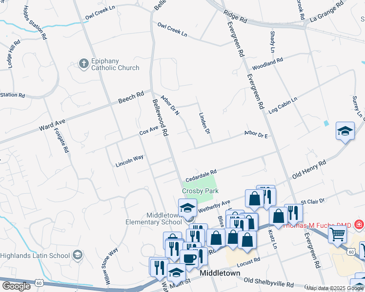 map of restaurants, bars, coffee shops, grocery stores, and more near 11503 Arbor Court in Louisville