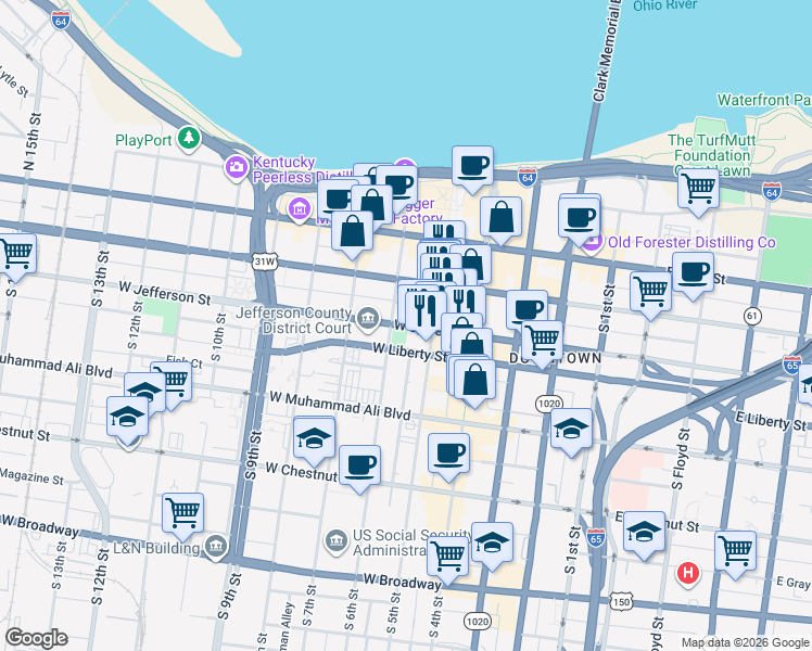 map of restaurants, bars, coffee shops, grocery stores, and more near West Jefferson Street in Louisville