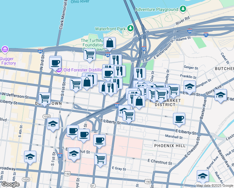 map of restaurants, bars, coffee shops, grocery stores, and more near 445 East Market Street in Louisville