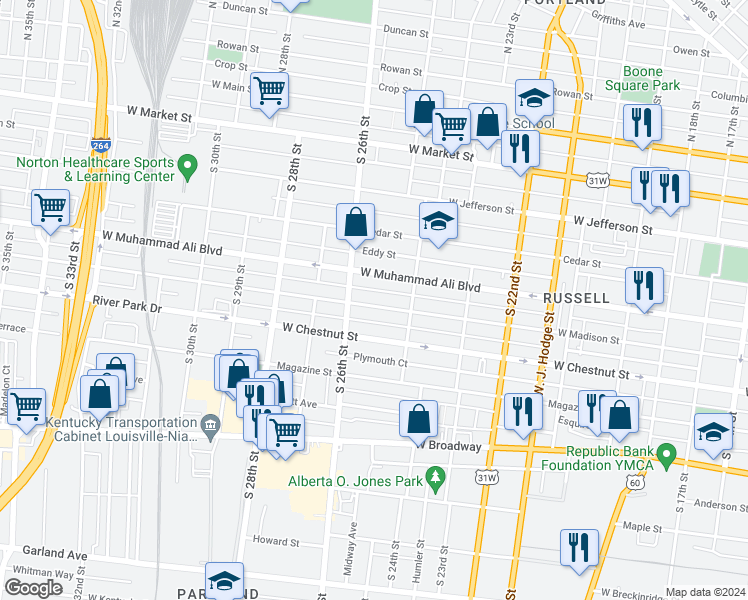 map of restaurants, bars, coffee shops, grocery stores, and more near 2509 West Madison Street in Louisville