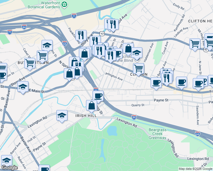 map of restaurants, bars, coffee shops, grocery stores, and more near 125 Pope Street in Louisville