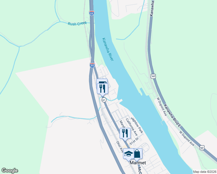map of restaurants, bars, coffee shops, grocery stores, and more near Carolina Avenue in Marmet