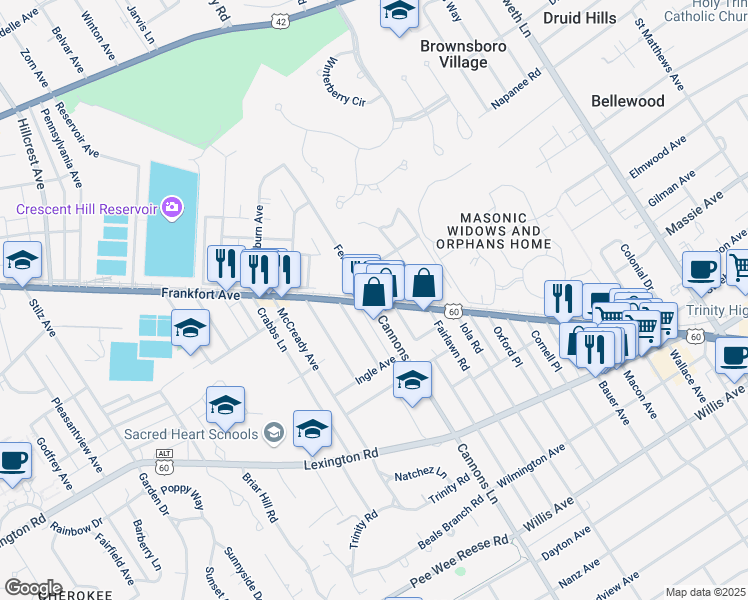 map of restaurants, bars, coffee shops, grocery stores, and more near 107 Fenley Avenue in Louisville