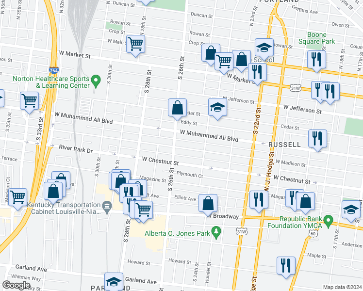 map of restaurants, bars, coffee shops, grocery stores, and more near 2519 West Madison Street in Louisville