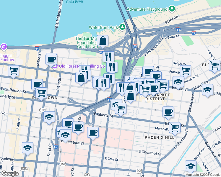 map of restaurants, bars, coffee shops, grocery stores, and more near 445 East Market Street in Louisville