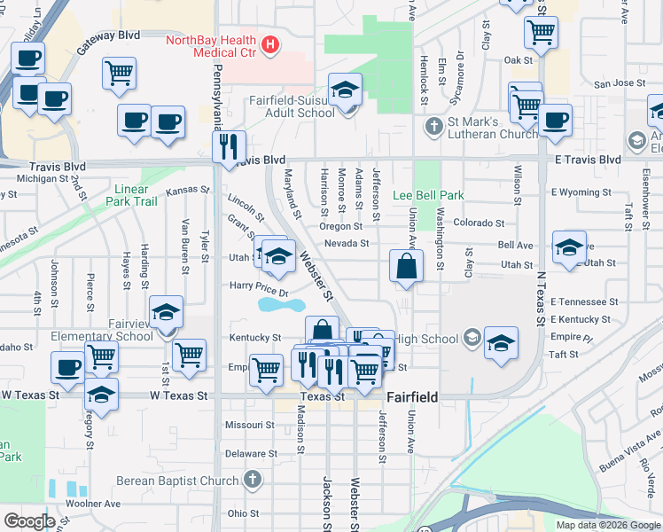 map of restaurants, bars, coffee shops, grocery stores, and more near 732 Utah Street in Fairfield