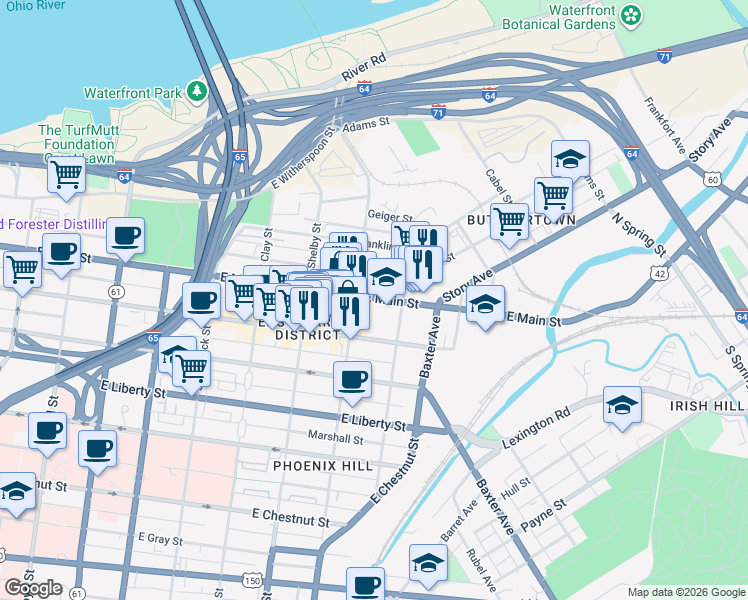 map of restaurants, bars, coffee shops, grocery stores, and more near 114-100 North Campbell Street in Louisville