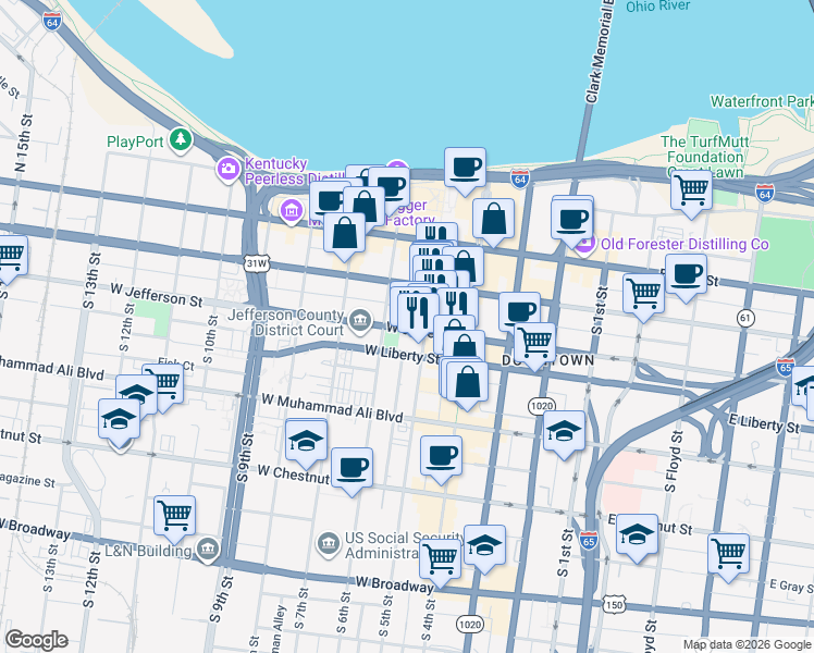 map of restaurants, bars, coffee shops, grocery stores, and more near in Louisville