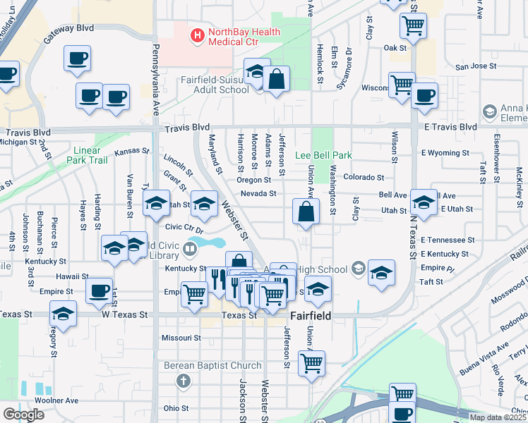 map of restaurants, bars, coffee shops, grocery stores, and more near 717 Utah Street in Fairfield