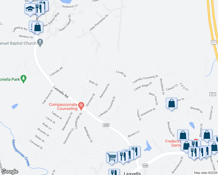 map of restaurants, bars, coffee shops, grocery stores, and more near 5424 Rainwood Drive in Fredericksburg