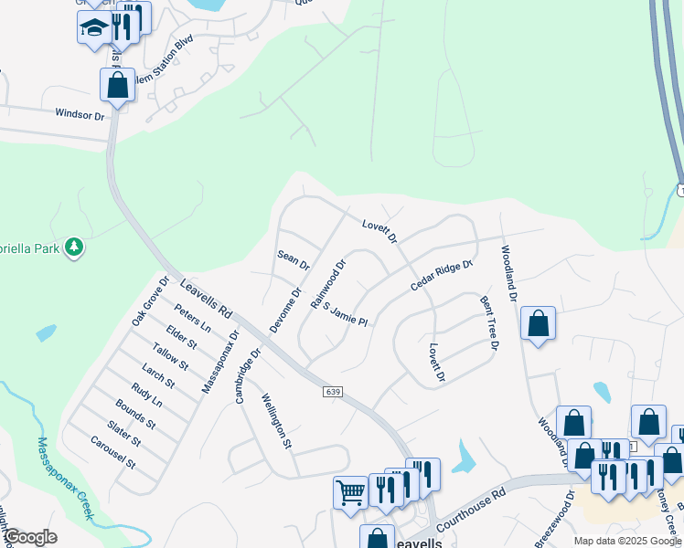 map of restaurants, bars, coffee shops, grocery stores, and more near 5424 Rainwood Drive in Fredericksburg