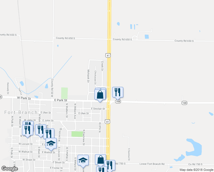 map of restaurants, bars, coffee shops, grocery stores, and more near 147 U.S. 41 in Fort Branch